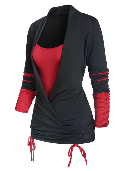 

t-shirt long sleeve cinched contrast faux twinset tshirt women tee t shirt full sleeve ruched 2 in 1 tee twofer top, White