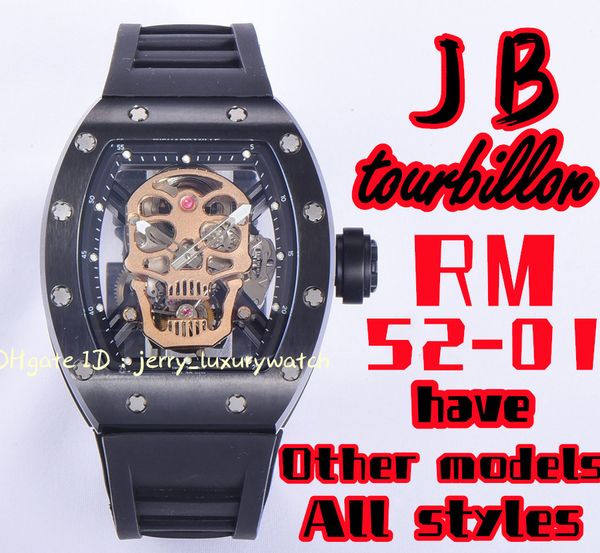 

jb luxury men's watch 52-01 skull real tourbillon 49.8*44.3*16.4mm; thai raw rubber watch band; shanghai movement factory customized ge, Slivery;brown