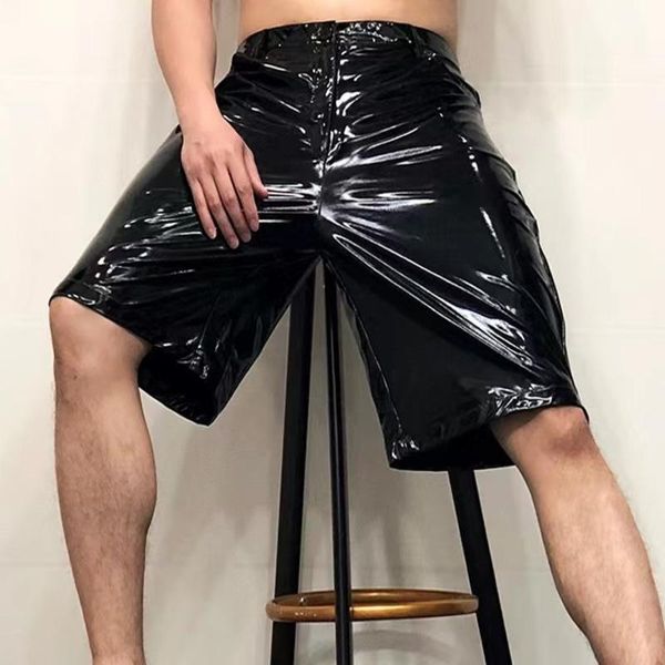 

pants 2022 shinny leather short nightclub men's ds costumes antibright pu pant black elasticity slim men motorcycle shorts