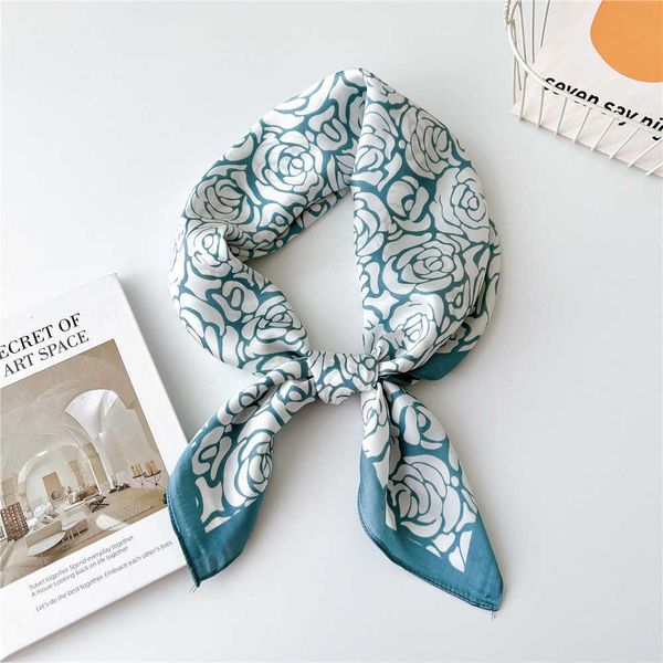 

scarves luxury rose flowers print satin silk square scarf for women hair bands ribbon neck tie bandana lady kerchief shawl wrist wrap j23042, Blue;gray