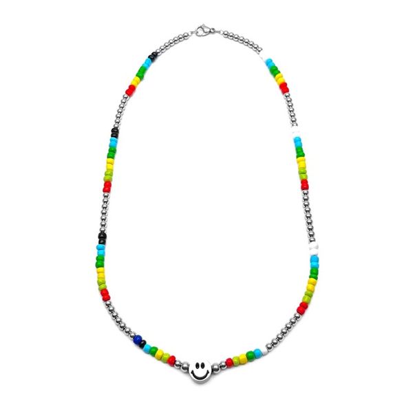 

japanese/korean bohemian titanium steel rainbow glass beaded necklace with smiling face charming jewelry for men/women, Silver