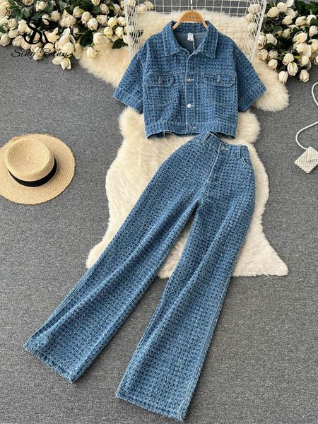 

pants singreiny denim fashion pocket women set summer 2022 slim temperament single breasted lapel wide leg pants two piece sets, White