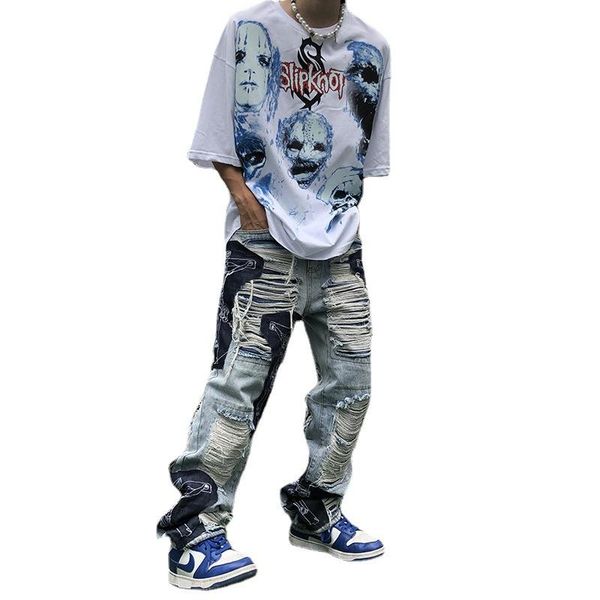 

pants fashion 2022 spring utumn american casual hiphop men sweet cool high street straight loose holes cargo pants vintage jeans men, Black