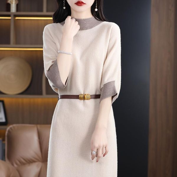 

dresses 23 new women's 100% pure wool dress sweater long slim half high neck women's short sleeve pullover cashmere sweater summer, Black;gray