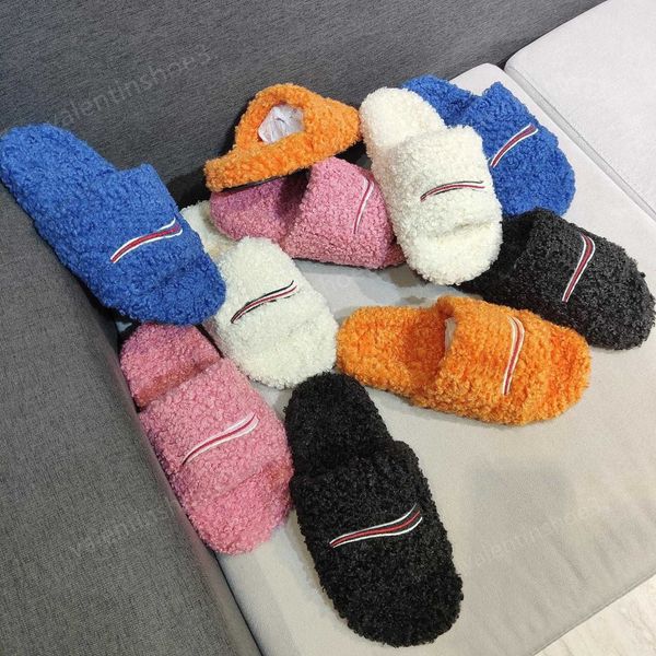 

women furry slide sandal designer slippers fake shearling letter embroidery women recycled fur luxury flat mules wool slides, Black