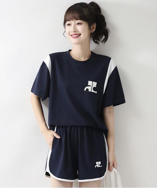 

navy classic designer two piece pants summer short sleeve loose t shirt shorts sets women tshirt tee, White
