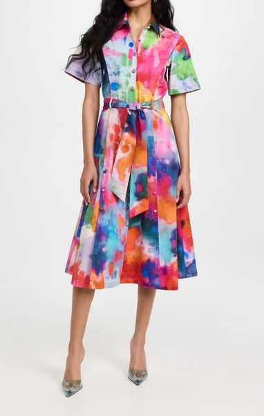 

new style dress with a single breasted lapel and colorful halo dye tie up for a slim waist. mid length short sleeved skirt for women's, Black;gray