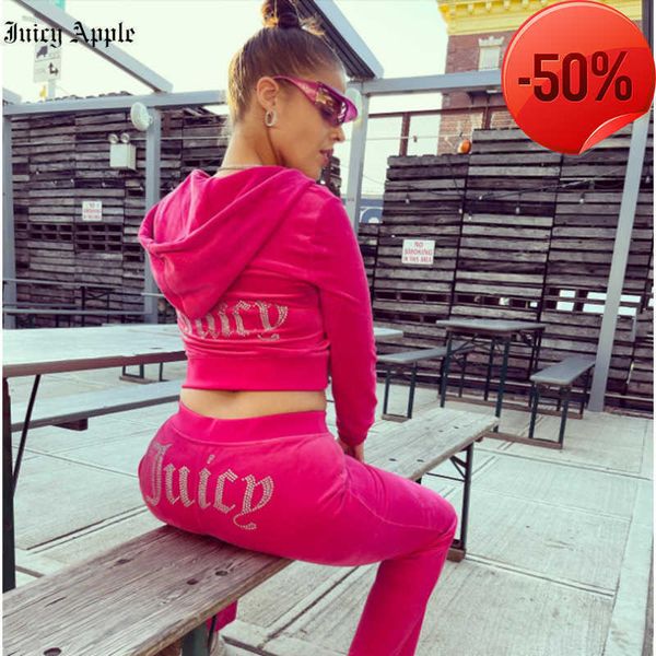 

juicy apple women's tracksuits velvet sewing suits outfit two piece jogging set velour sweatshirt met hoodie pants suit womens advanced, Gray