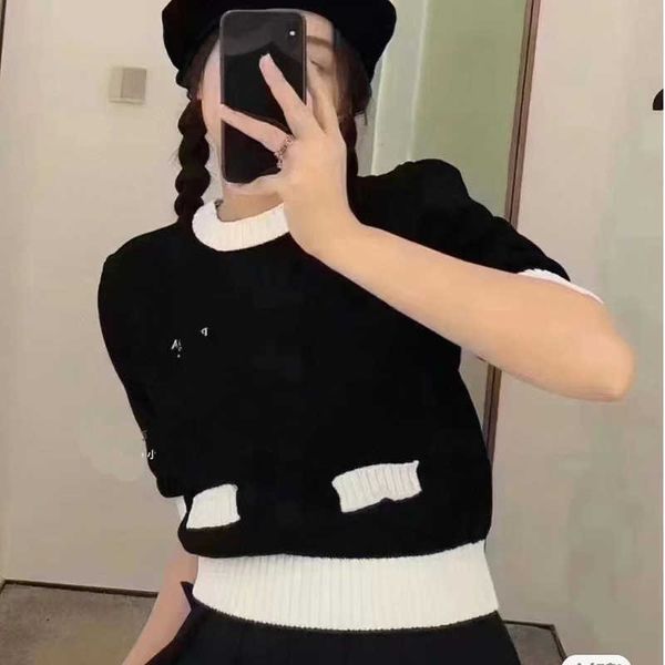 

Women's Knits Tees P Family Knitted Embroidery Bubble Short Sleeve Round Neck Color Block Top Fashion Celebrity Style T-shirt Summer NM3X, Black socket