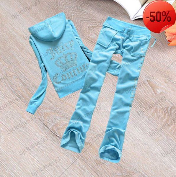 

23ess juicy tracksuit brand womens two piece pants back drill letter decoration regular hooded side printing loose straight trousers design, Gray