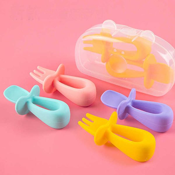 

cups dishes utensils 2pcs baby silicone spoon fork candy color safety baby learning spoon non-slip fork children kids boy girl soft food fee