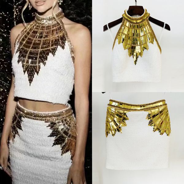 

high-quality star with the same lady two piece dress beading rhinestone halter neck backless and skirt, White