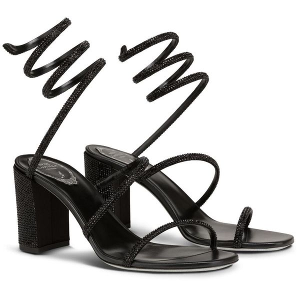 

famous renecaovilla cleo crystal sandals shoes women snake wrapped strap mid-height block-heeled party wedding glitter sole lady walking wit, Black