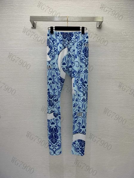 

designer women legging pants sets blue and white porcelain letter logo printed slim-fit short-sleeved t-shirt + high-waist elastic waist spo