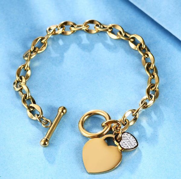 

sell famous titanium steel lady love bracelet ot buckle double heart diamond bracelet 3 colors, Golden;silver