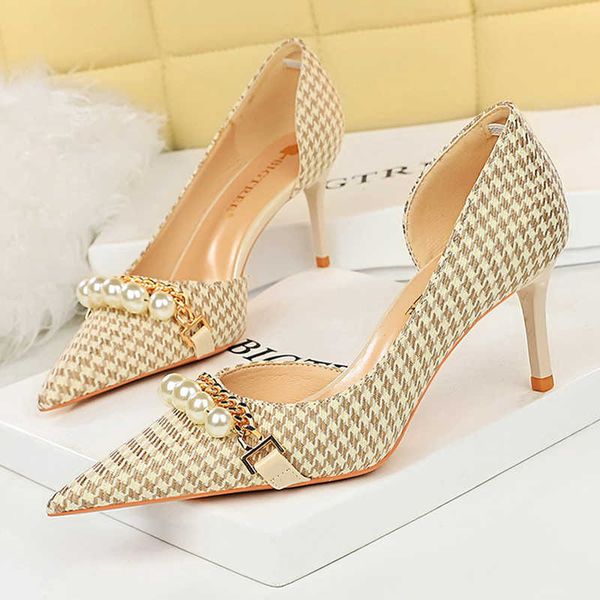 

sandals bigtree shoes quality kitten heels metal chain pearl women pumps stilettos heels ladies shoes pointed high heels plus size 43 j23042, Black