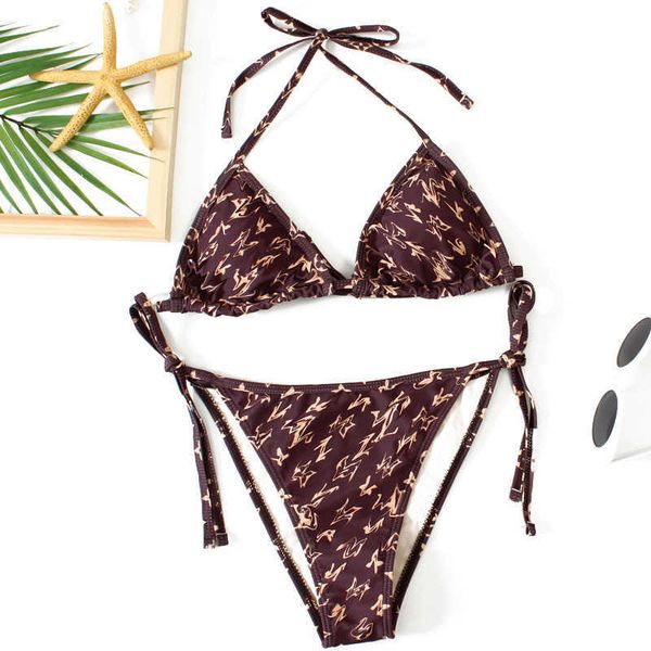 

brown popular bikini with letter split drawstring women's swimsuit