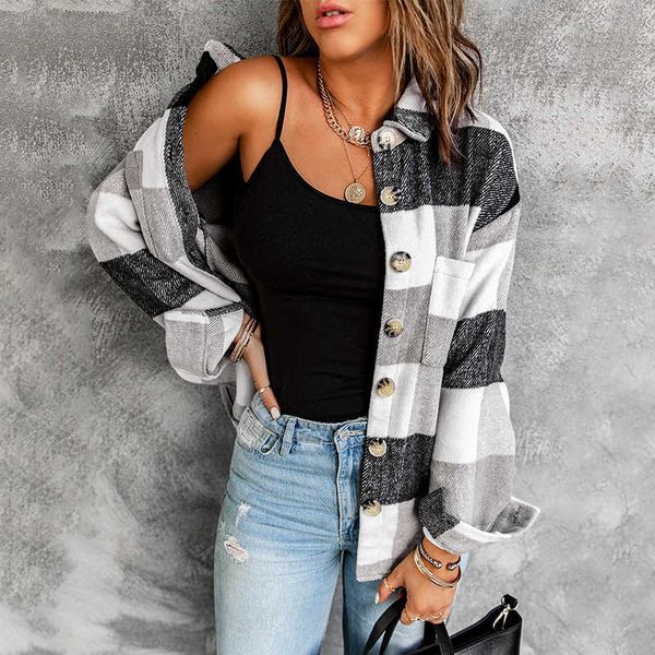 

shirt shiying plaid female autumn and winter new style breasted pocket coat, White