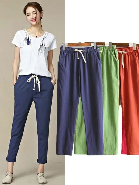 

women's pants capris womens autumn/summer harem cotton linen solid elastic waist candy colors trousers soft for female ladys 230428, Black;white