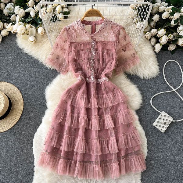 

french chic and stunning mesh cake dress summer women's dress small figure with waist up and thin a-line skirt, Black;gray