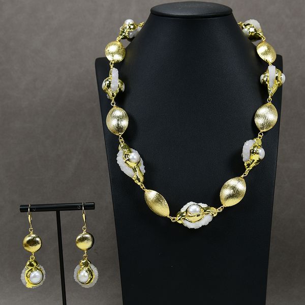 

jewelry sets cultured white pearl natural white quartz druzy slice beaded brushed bead necklace earrings sets handmade women gifts, Silver