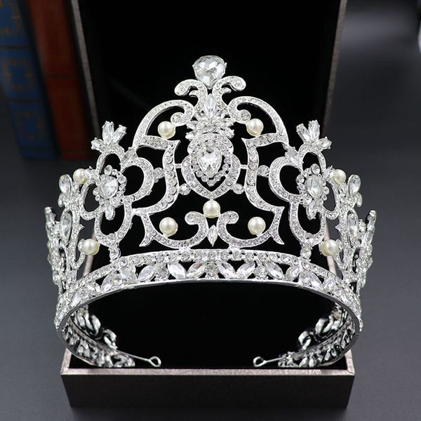 

ts-0050 new european style alloy diamond pearl bridal crown exaggerated luxury and grandeur baroque palace crown wholesale, Silver