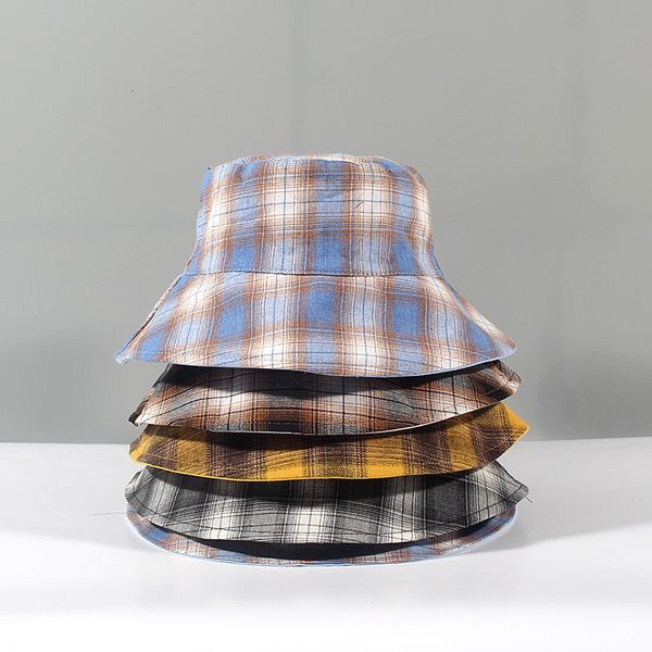 

wide brim hats bucket hats fashion plaid print bucket hat women y2k 90s aesthetic cotton reversible sun protection cap female panama fisherm, Blue;gray