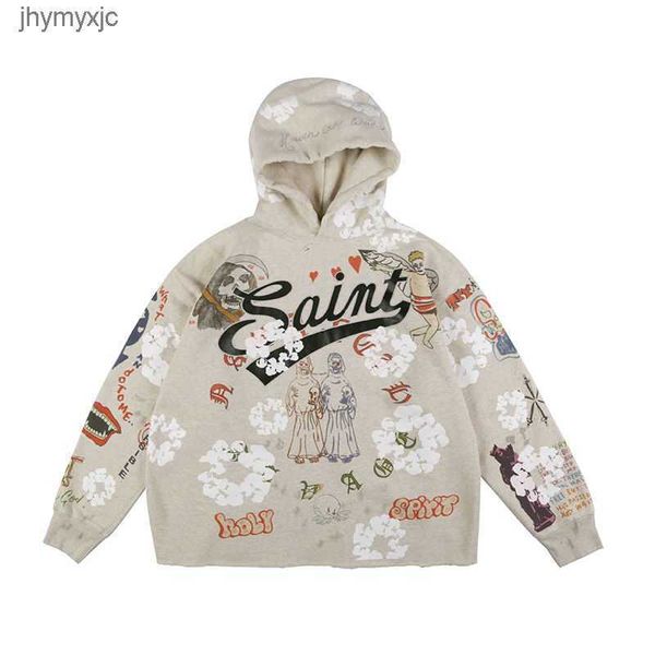 

saint michael hand-painted aged graffiti hoodie ins sweater 7l4l, Black