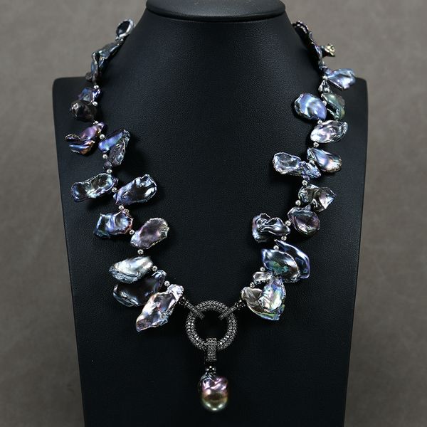 

beaded pendant natural freshwater cultured black keshi pearl necklace baroque pearl pendant cz clasp 19" for women, Silver