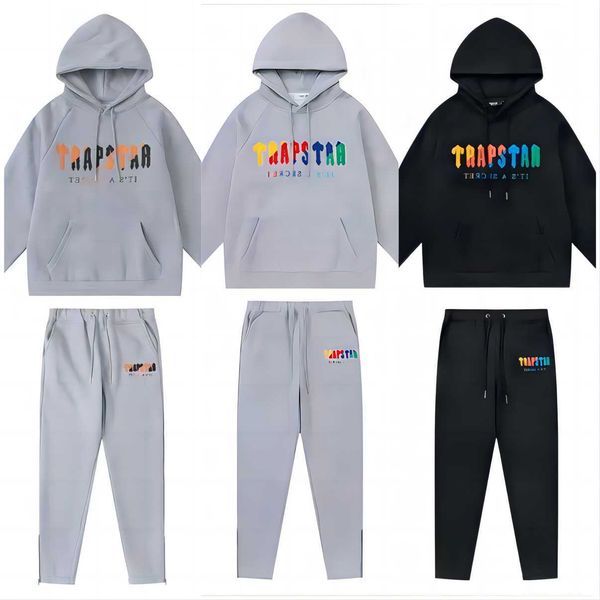 

trapstar tracksuit hoodie rainbow scarf embroidered and veet hooded sportswear close-up zipper pants casual guard pants trapstar hoodie472, Gray