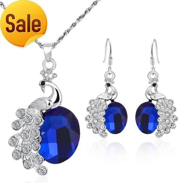 

crystal peacock pendant jewelry set women wedding jewelry rhinestone earring necklace sets, Silver