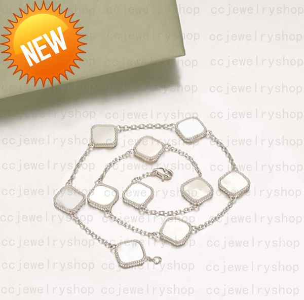 

45cm-fashion classic agate four leaf clover necklace long ten 10 flowers pendant mother-of-pearl for women girl valentine's mother&#039, Silver