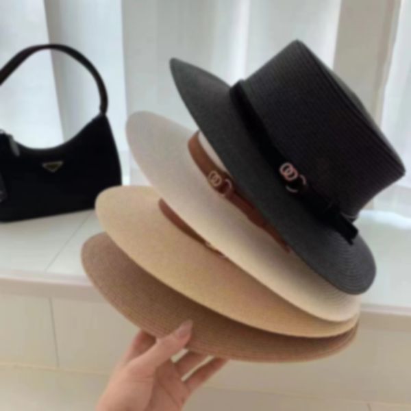 

designer straw hat brand letter cap hat women's summer fragrant brown belt straw hat french vintage celebrity sun hat outdoor beach hat, Blue;gray