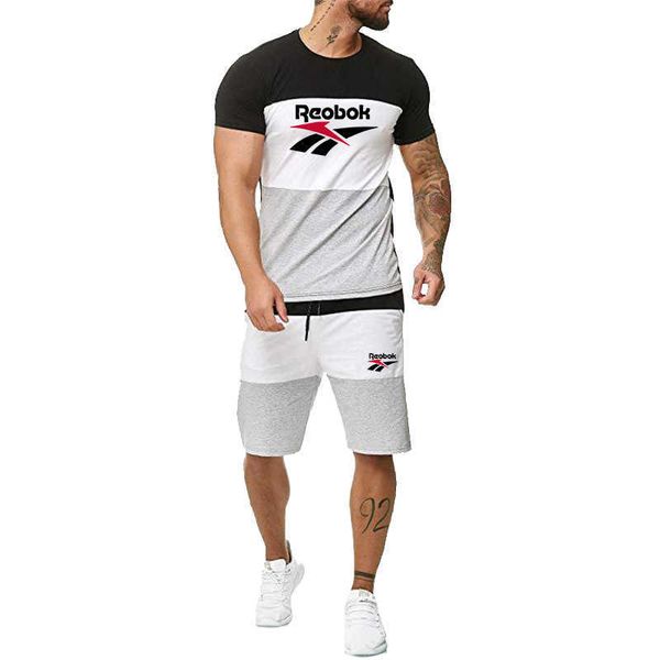 

men's summer patchwork short sleeved casual sports round neck color matching t-shirt shorts set, White;black