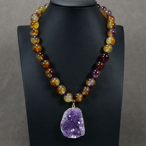 

beaded pendant 12mm mix color brown jade smooth round strand beads necklace amethyst quartz rough geode pendant jewelry gift for lady, Silver