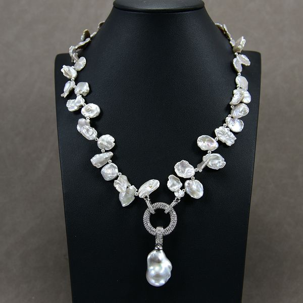 

beaded pendant freshwater cultured grey keshi pearl necklace baroque pearl pendant cz clasp 19" for women, Silver