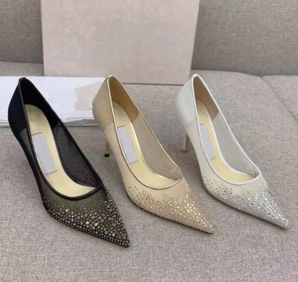 

Luxury Mesh Diamond High heels shoes women flat shoe new color drill sequins Designer ladies wedding party white breathable Crystal high-heeled shoes with box, Mint green