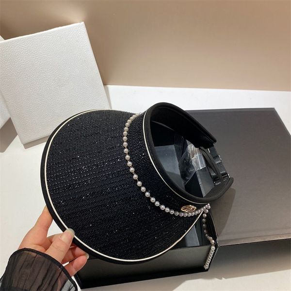 

designer hat brand letter cap women's summer breeze pearl chain empty hat french vintage celebrity sun hat outdoor travel foldable beac, Blue;gray