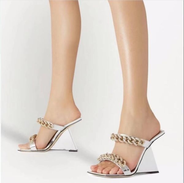 

silver black wedge sandals fashion open toe high heeled slippers gold chains lady slides shoes big size 35-42