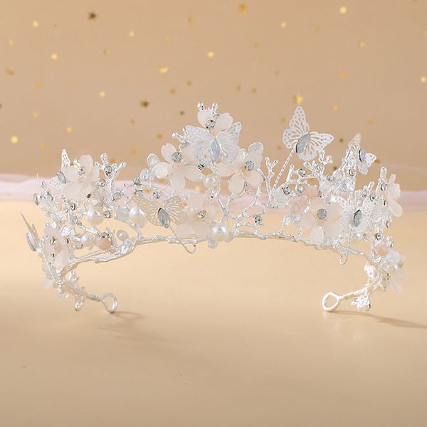 

bride butterfly flower crystal crown baroque gold princess birthday crown hair band wedding dress headwear ts-0027, Silver