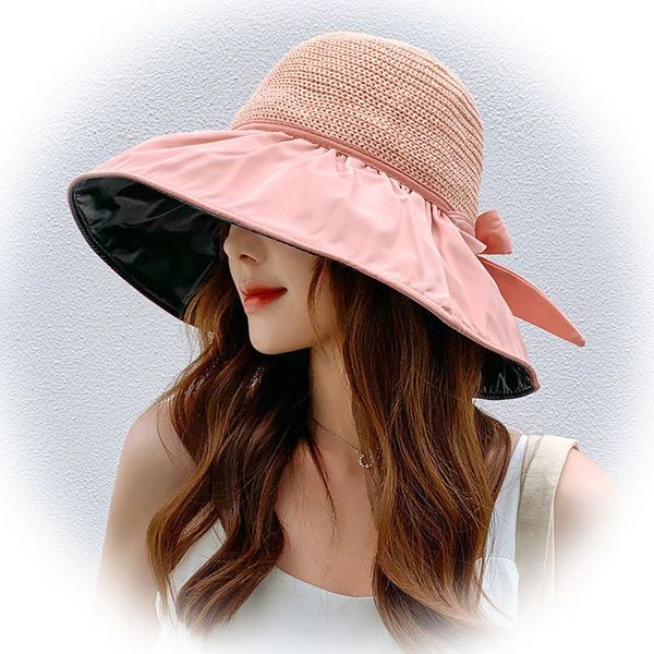 

designer straw hat brand cap summer black rubber bow shading hats female hollow straw hat uv resistant large eaves sun fisherman bucket hats, Blue;gray