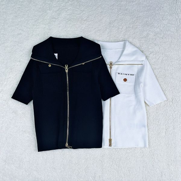 

319 2023 runway summer brand same style sweater short sleeve black white lapelneck pullover striped fashion clothes womens xue, White;black