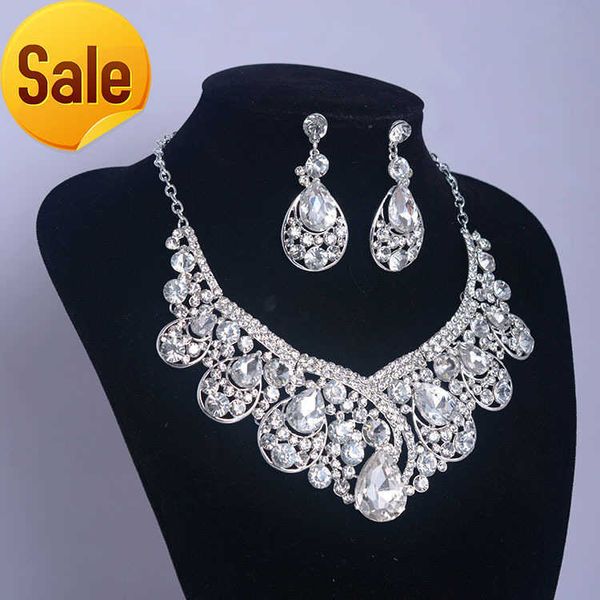 

retro vintage designer water drop wedding jewelry clear austrian crystal rhinestone earrings necklace jewelry sets, Silver