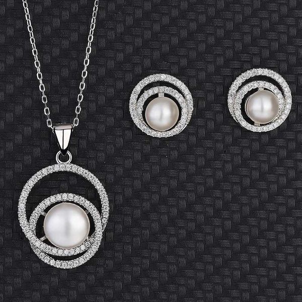 

link, chain 925 sterling silver cz freshwater cultured pearls bridal pendant necklace earrings wedding jewelry sets, Black