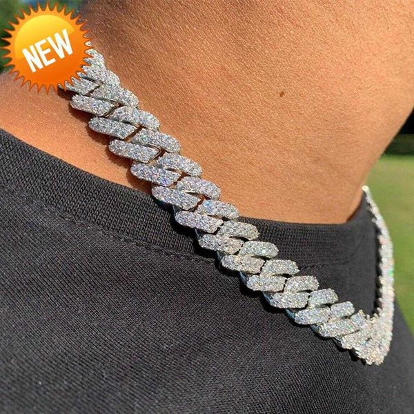 

designer necklace 18mm iced cuban link mens gold chain prong chain necklace 14k white gold plated 2 row diamond cubic zirconia jewelry 16inc, Silver
