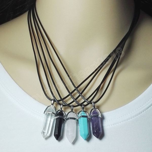 

pink purple crystal stone hexagonal pendant necklaces leather chains necklace women fashion jewelry, Silver