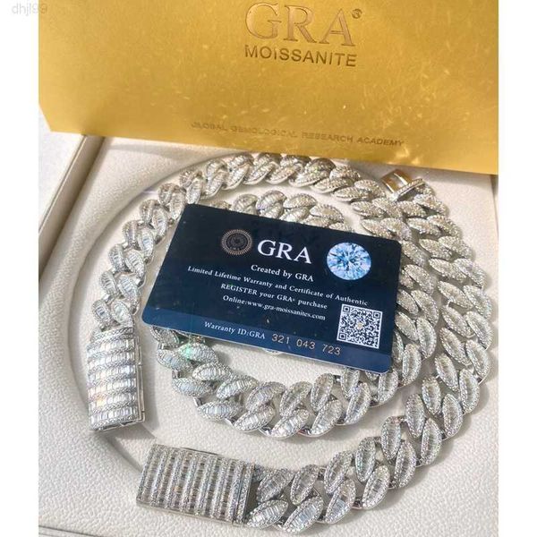 

new arrival 18mm baguette moissanite diamond chain luxury vvs moissanite prong cuban link chain necklace diamond cuban chain, Silver