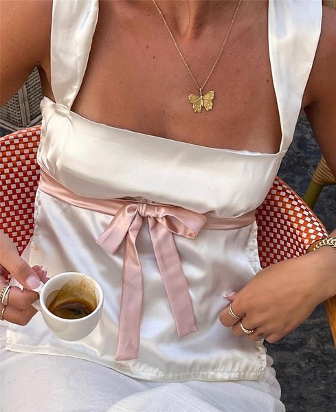 

womens tanks camis 2000s aesthetic satin patchwork milkmaid cami y2k fairy grunge backless bow mini vest retro women crop streetwear 230428, White