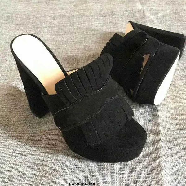 

heels shoes women sandals marmont ggs''gg platform slide luxury leather high with double designer letter tassel g coarse heel half, Black