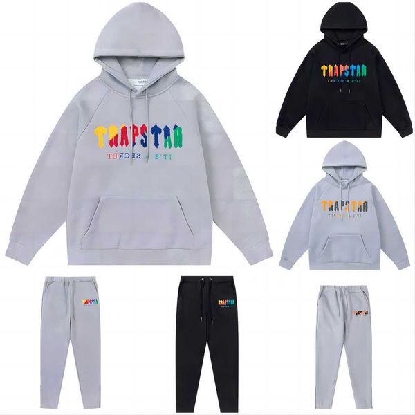 

trapstar tracksuit hoodie rainbow scarf embroidered and velvet hooded sportswear close-up zipper pants casual guard pants trapstar hoodie ho, Gray
